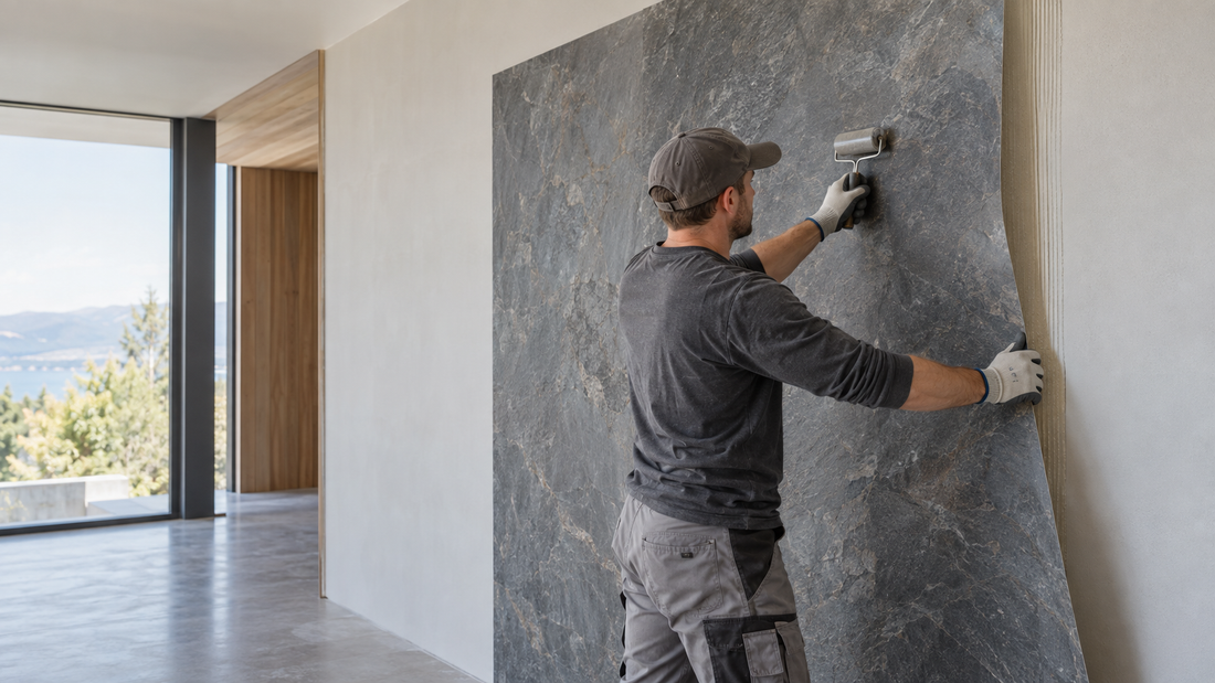 Installer applying a flexible ultra-thin natural stone veneer sheet to an interior wall with a pressure roller.