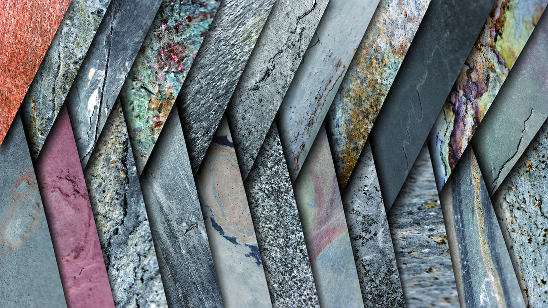 Overlapping ultra-thin natural stone veneer sheets showing a range of genuine stone colours and textures.