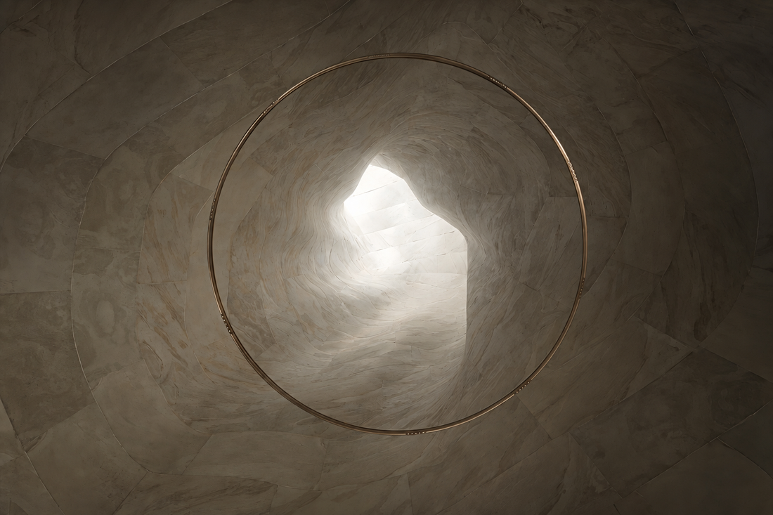 Tan ultra-thin natural stone veneer used on curved walls and ceiling in a modern SPA interior.