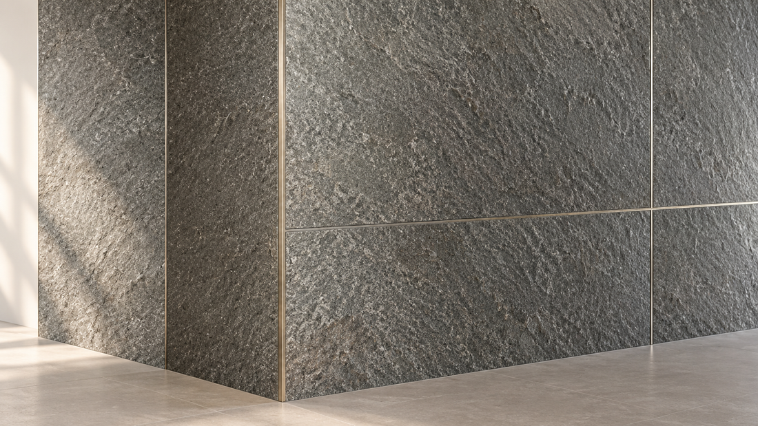 Ultra-thin natural stone veneer wall finished with slim aluminium joints, internal corners and external corner trims