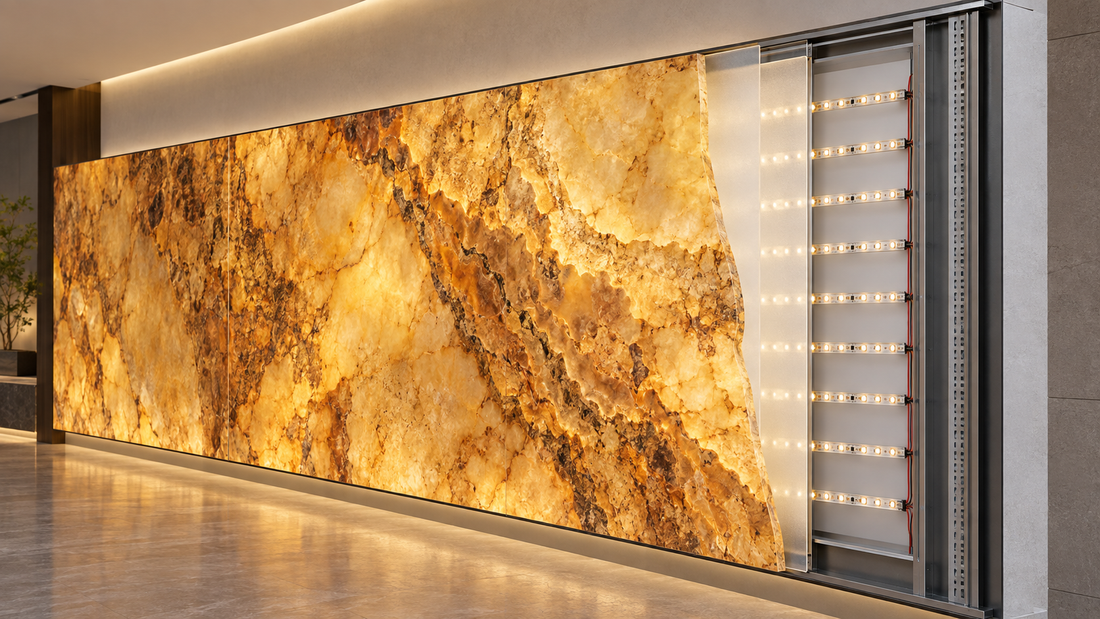 Backlit translucent natural stone wall with LED lighting, diffuser and substrate layers shown in an installation cutaway.