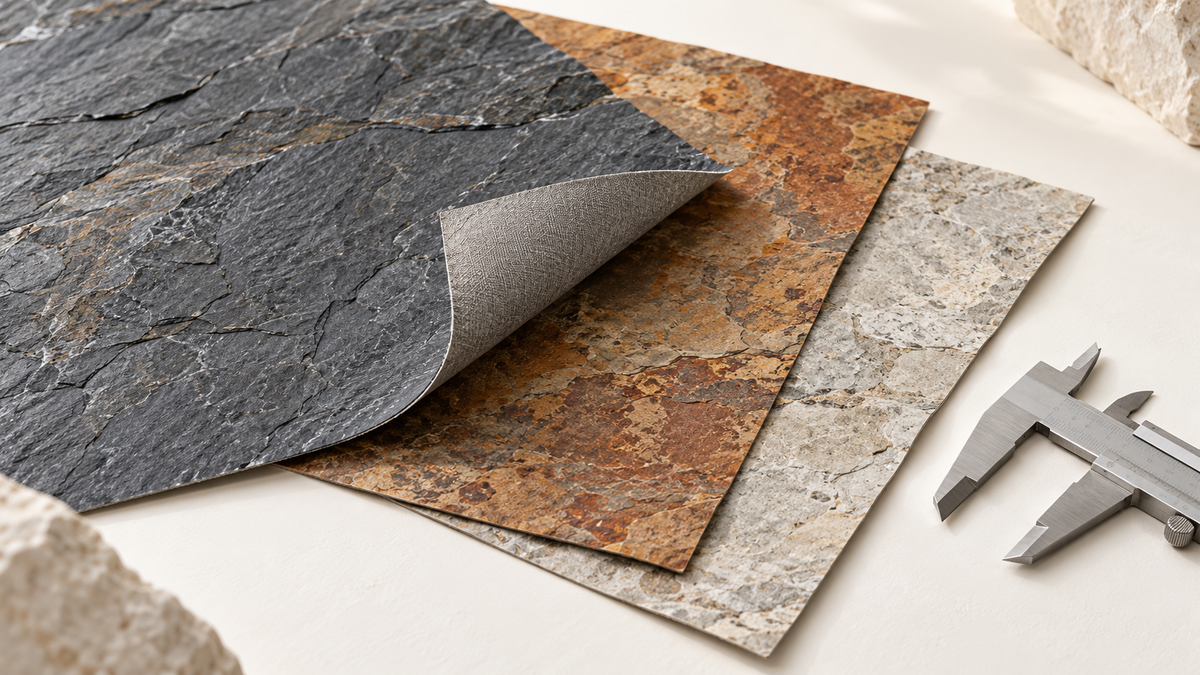 Illustrative arrangement of ultra-thin natural stone veneer samples showing sheet edges, backing and a measuring caliper.