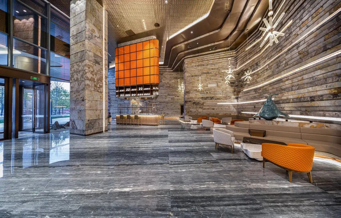 PLATLMOR Intercontinental Hotel lobby in Hangzhou featuring Sanjayani White ultra-thin natural stone veneer on large interior wall surfaces