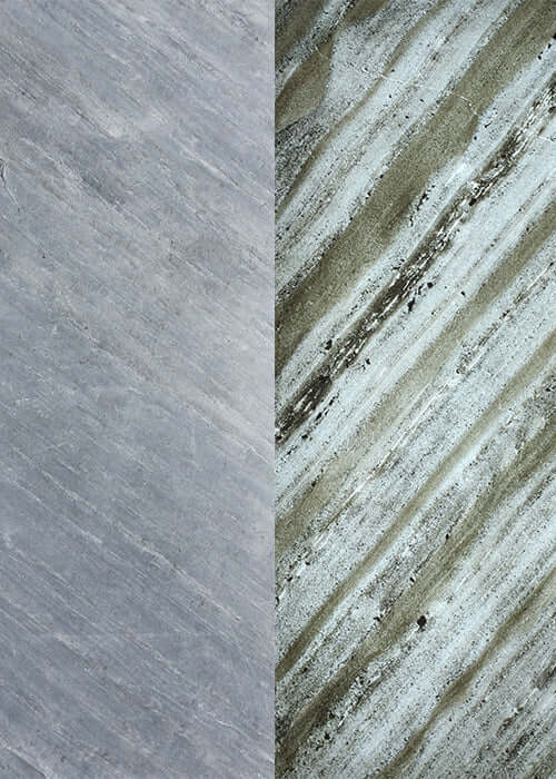 Close-up of gray and green marble-textured slate panels with fine striations