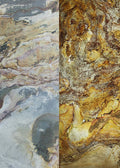 Split view of abstract panels: blue-gray on left, gold-toned on right