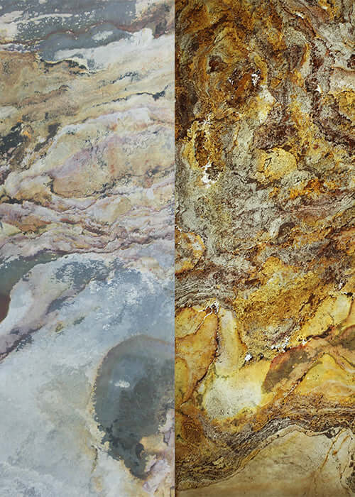 Split view of abstract panels: blue-gray on left, gold-toned on right