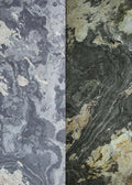 Marbled stone textures in gray-blue and dark green with gold veining