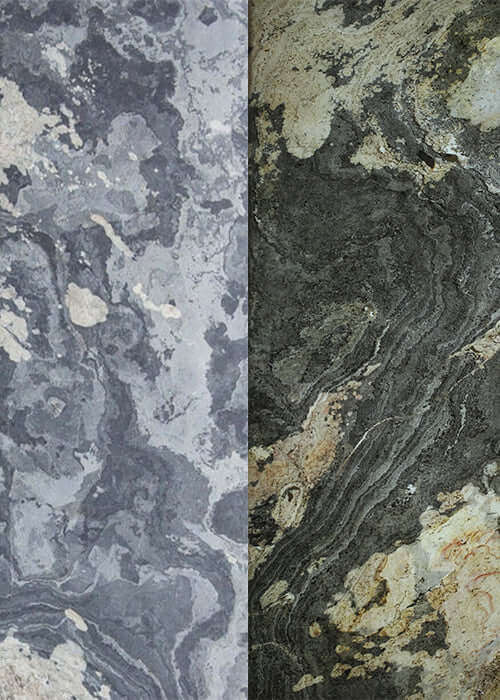 Marbled stone textures in gray-blue and dark green with gold veining