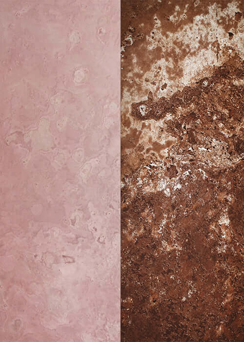 Split view of textured stone wall panels: light pink and brown mottled surfaces