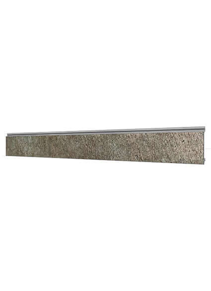 Gray stone-look cladding panel with flat rectangular shape and dark top trim