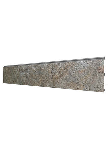 Gray stone-look cladding panel with beveled side edges and mottled texture