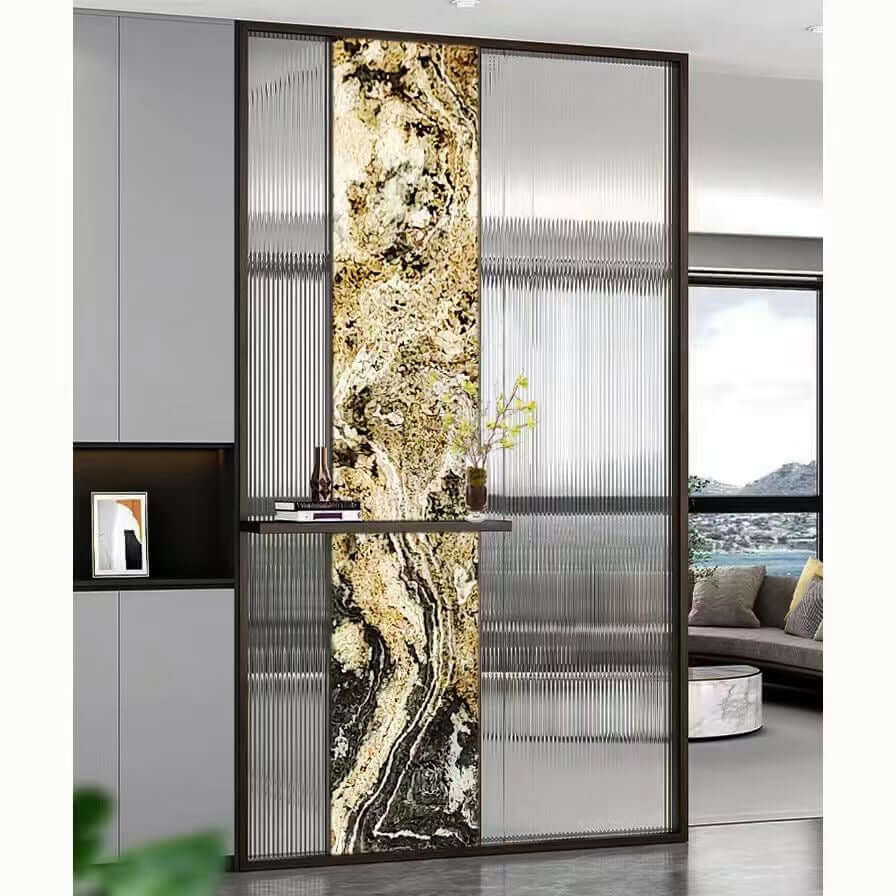 Stone accent screen panel with gold veining and vertical metallic slats