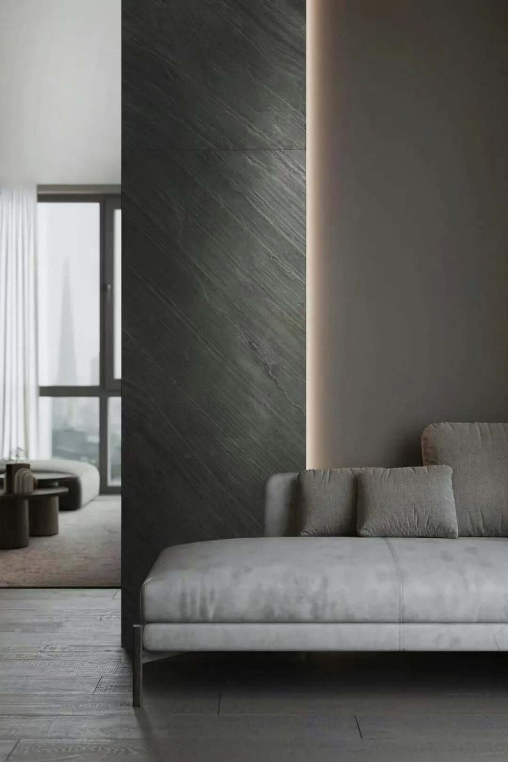 D.Black natural stone veneer panels, dark gray wall with diagonal brushed-looking striations