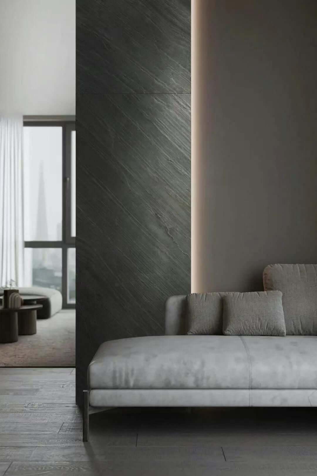 D.Black natural stone veneer panels, dark gray wall with diagonal brushed-looking striations