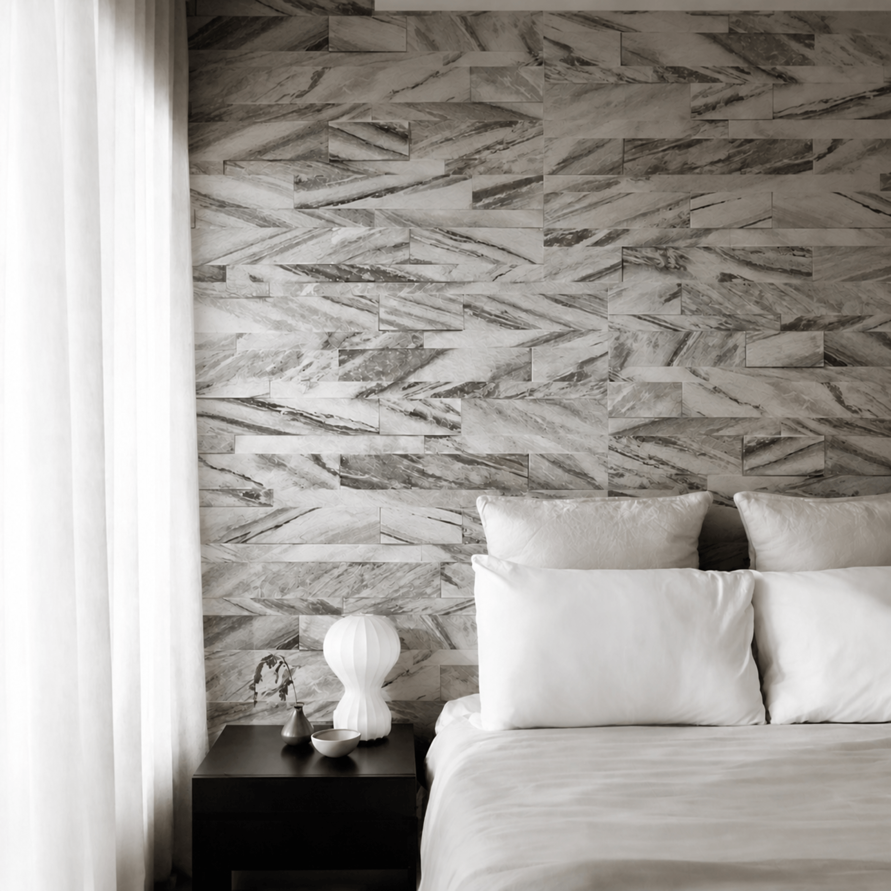 3D Arctic-Storm Peel & Stick Stone used as a natural stone feature wall in a modern bedroom interior