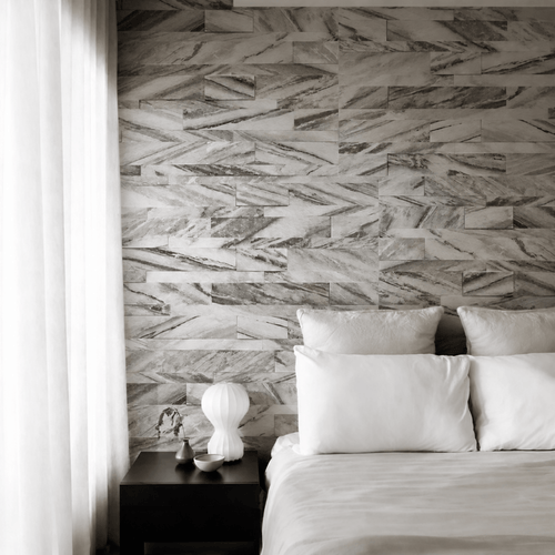 3D Arctic-Storm Peel & Stick Stone used as a natural stone feature wall in a modern bedroom interior