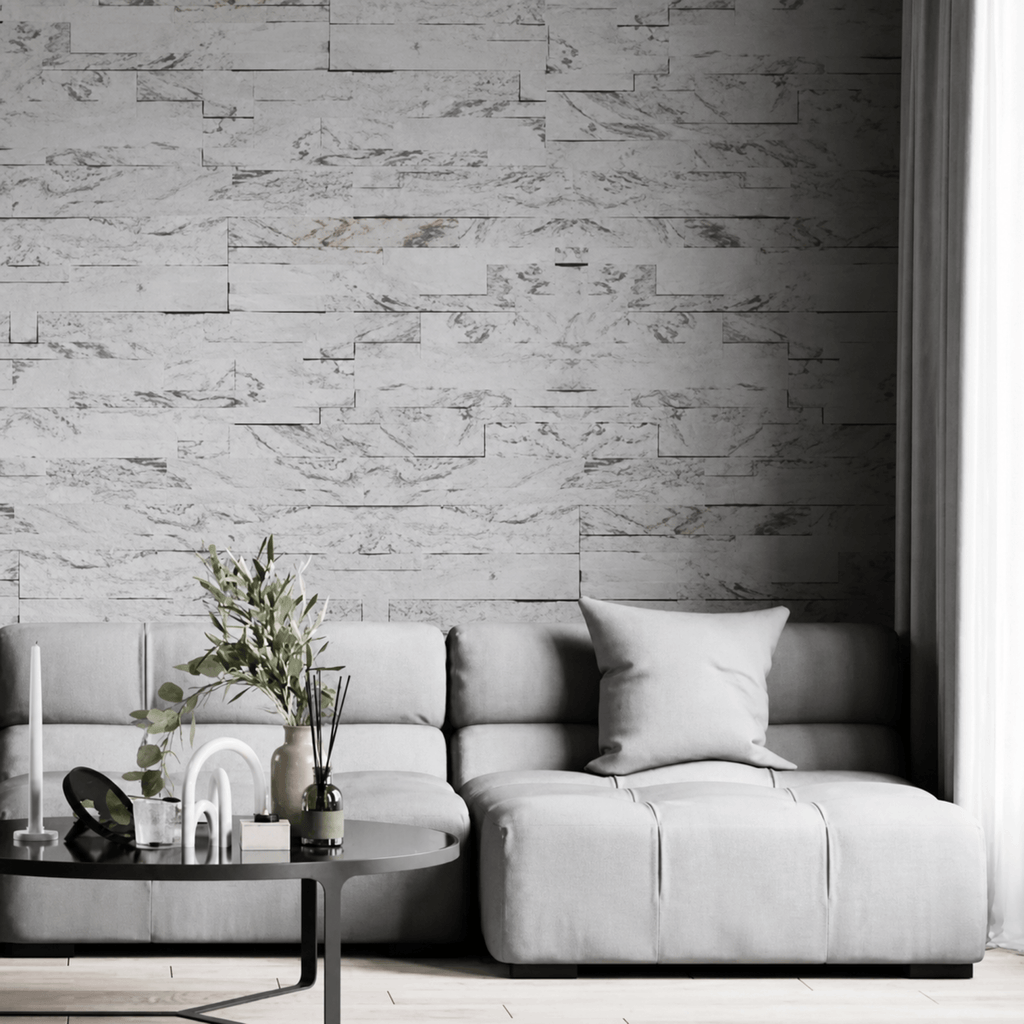 3D Arctic-Storm Peel & Stick Stone applied as a natural stone wall panel in a modern living room