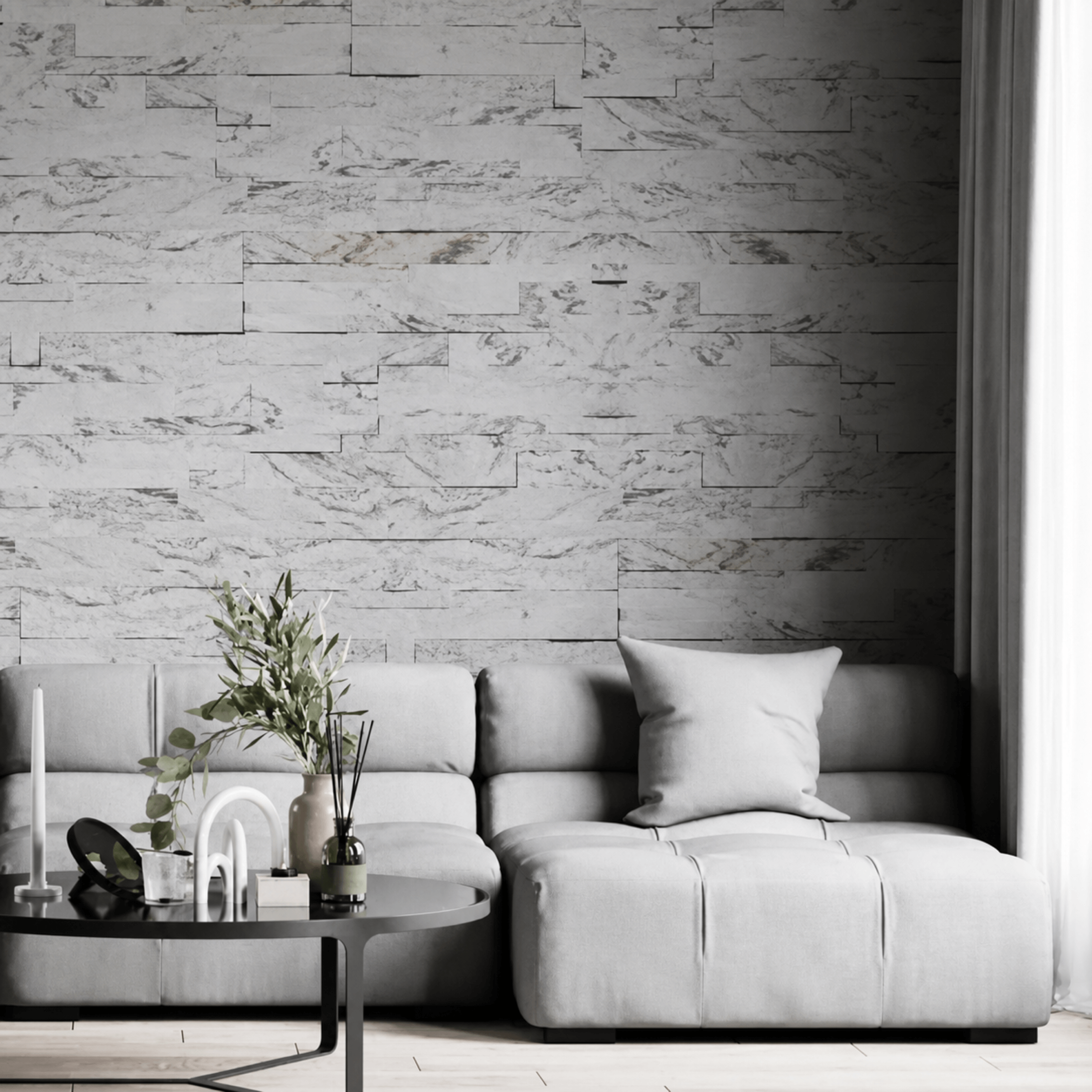 3D Arctic-Storm Peel & Stick Stone applied as a natural stone wall panel in a modern living room