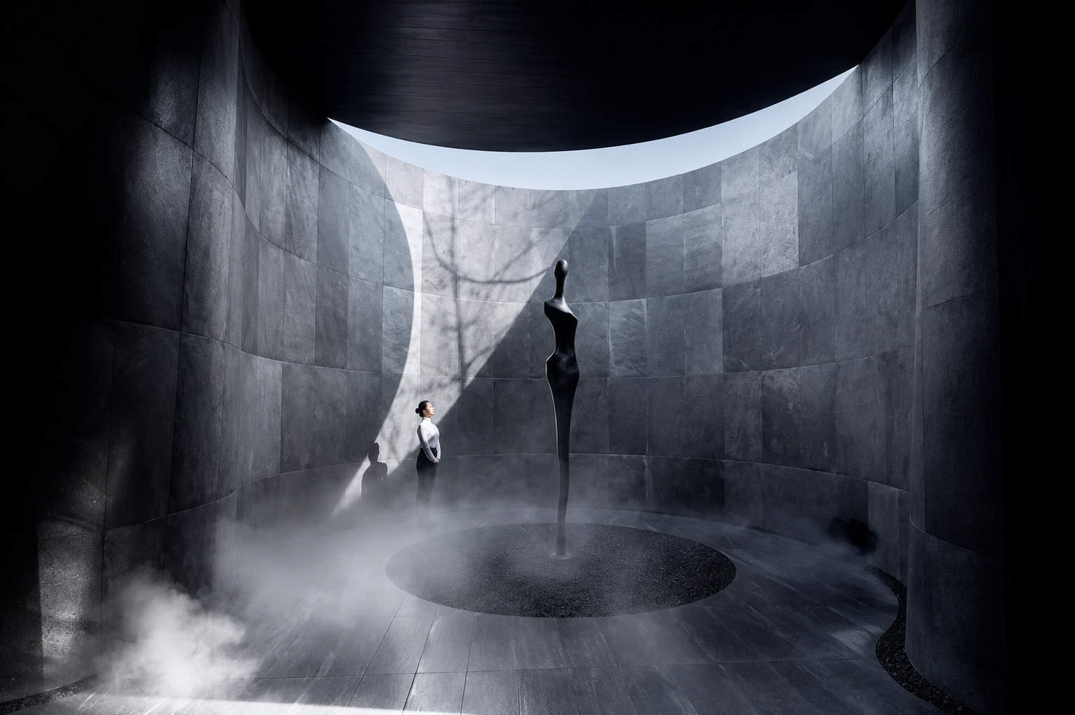 A dark, moody interior scene with a tall black abstract sculpture centered in a circular pool of mist, surrounded by curved gray stone walls. A small person stands near the left side of the sculpture, and a bright curved opening of sky is visible above.