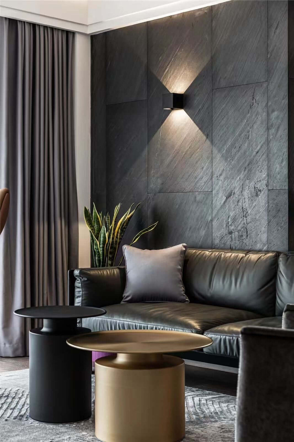 D.Black natural stone veneer wall, dark slate gray panels with crisscross veining