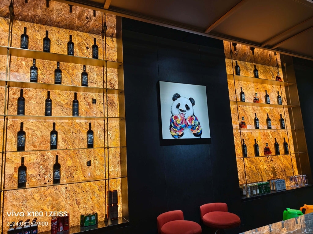 Translucent natural stone wall panels with amber glow, arranged in vertical grid