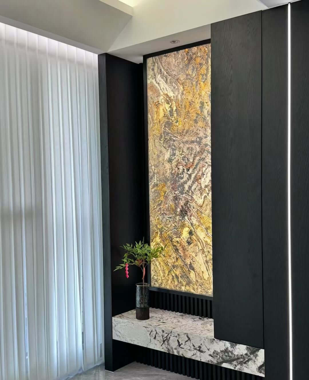 Abstract vertical wall panel with gold, tan, and gray vein patterns