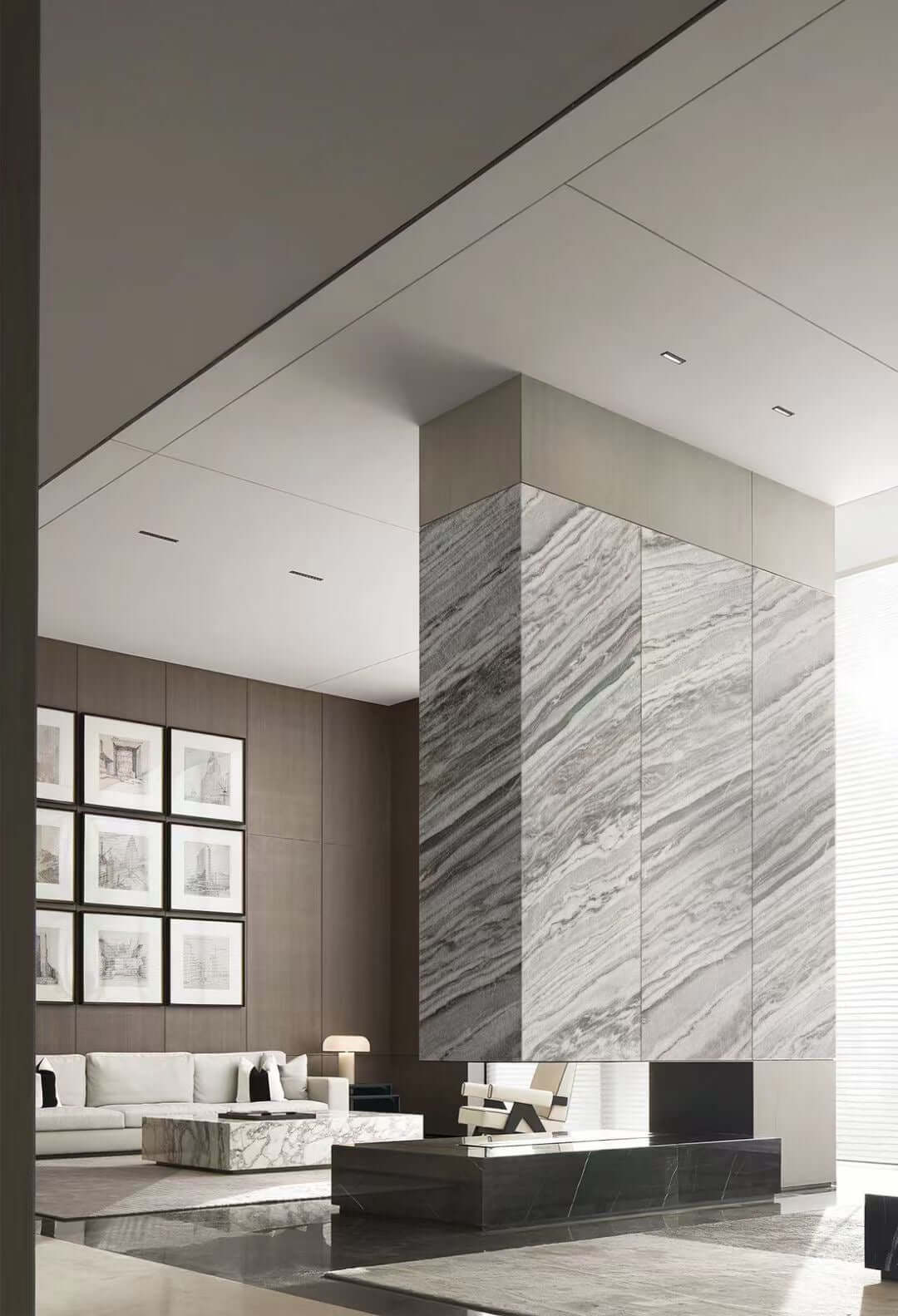 White natural marble veneer fireplace wall panel with light gray veining