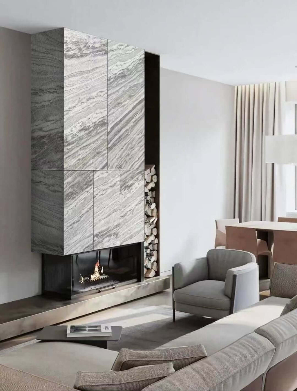 Marble veneer fireplace surround with tall stacked white panels and gray striping