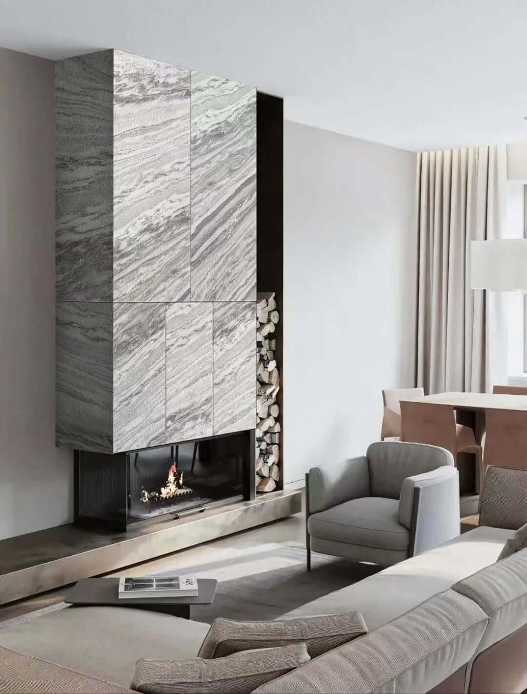 Marble veneer fireplace surround with tall stacked white panels and gray striping