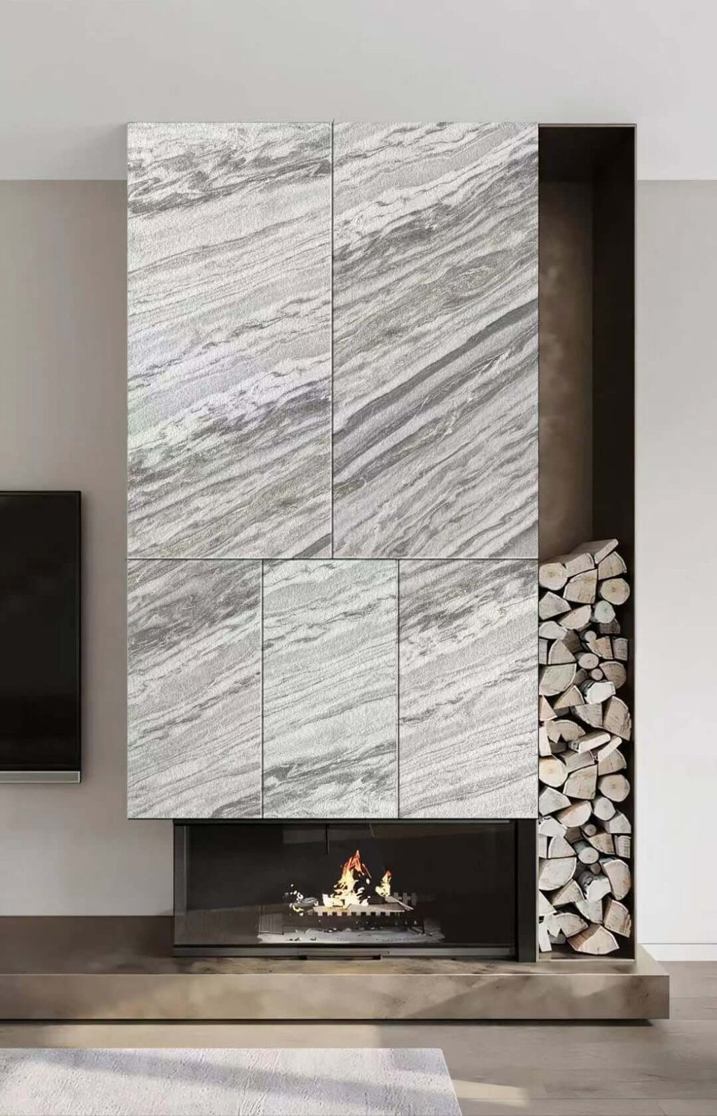 White marble veneer fireplace mantel wall panel with gray streaked veining