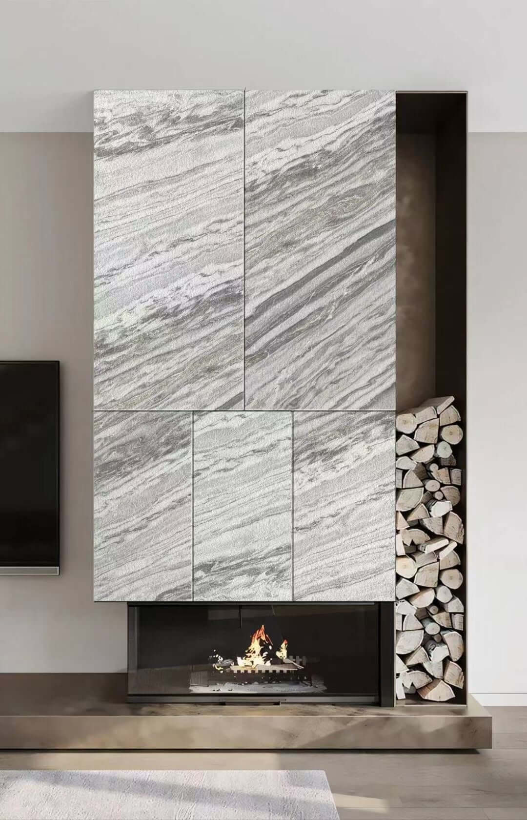 White marble veneer fireplace mantel wall panel with gray streaked veining