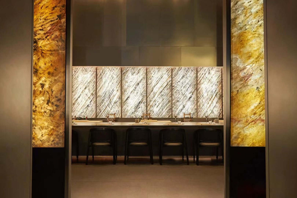 Translucent natural stone sheet wall panel niche with golden veining