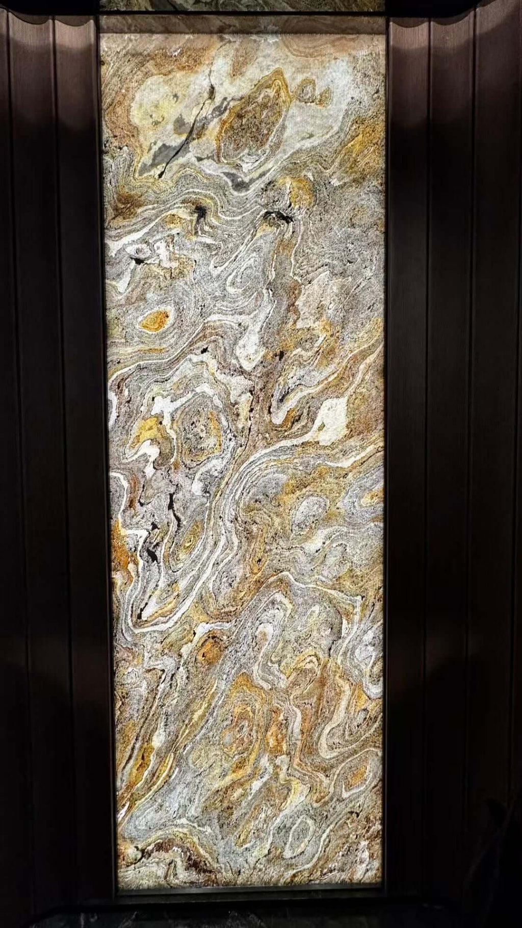 Abstract stone-texture wall panel with white, gray, and gold swirls