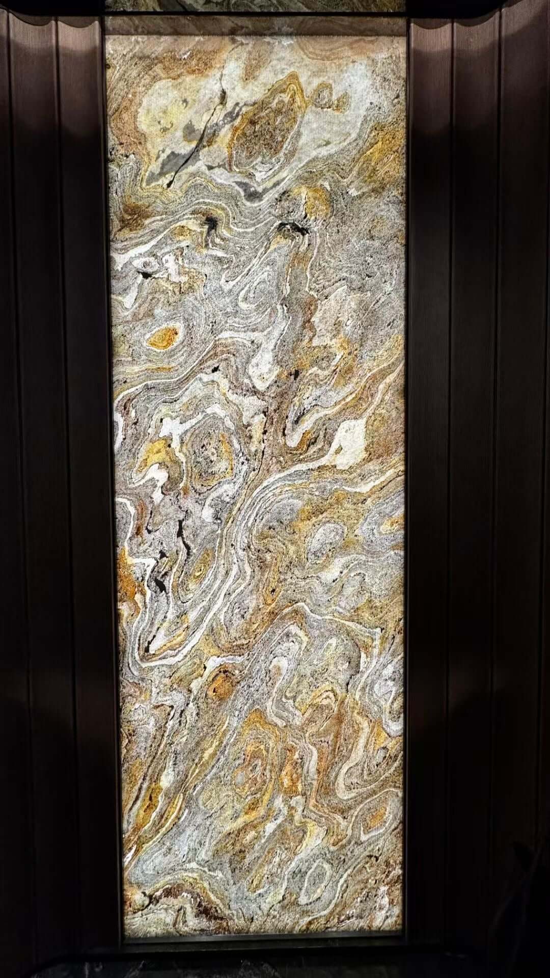 Abstract stone-texture wall panel with white, gray, and gold swirls