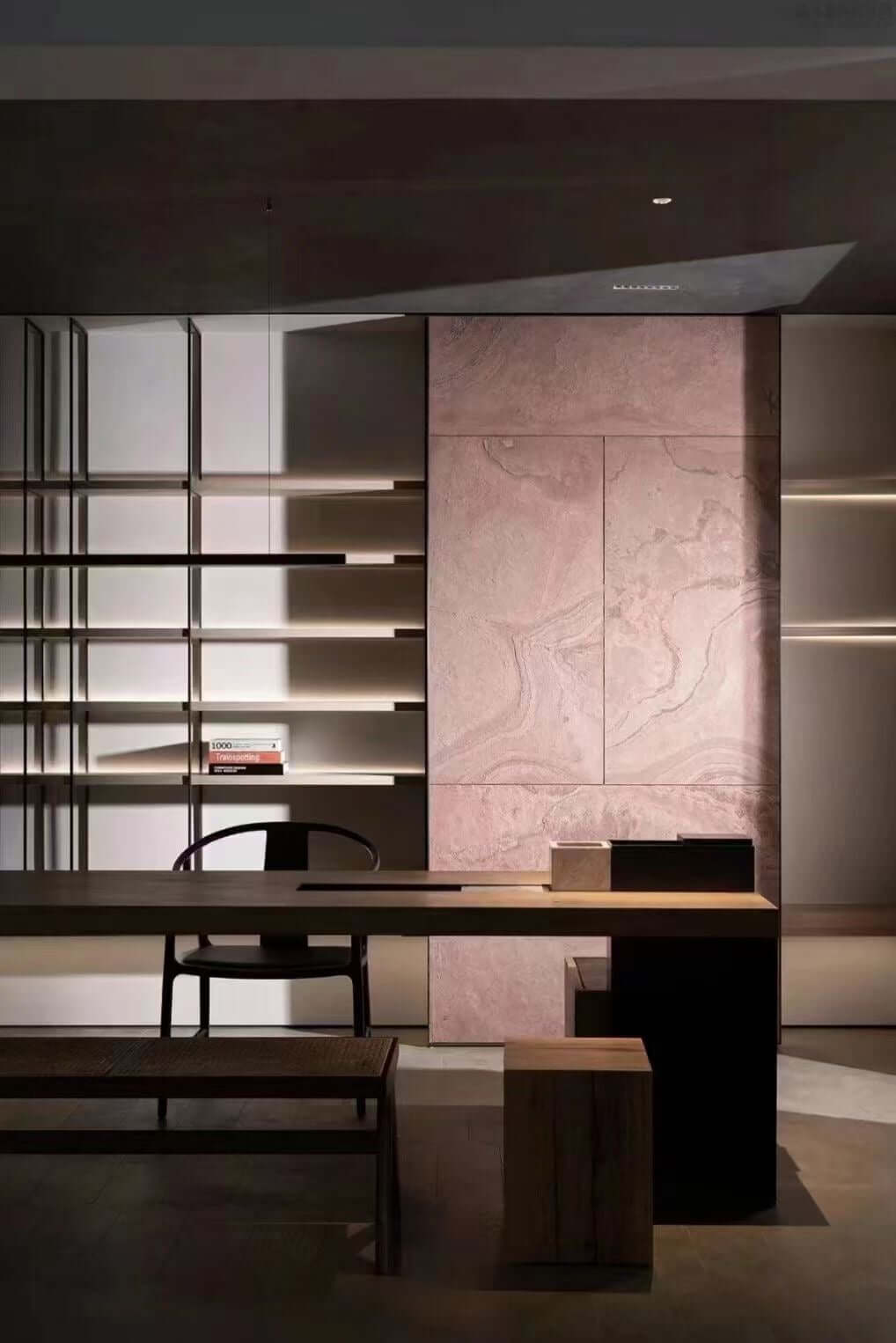 Terra red natural stone veneer wall panels with flowing veined swirls