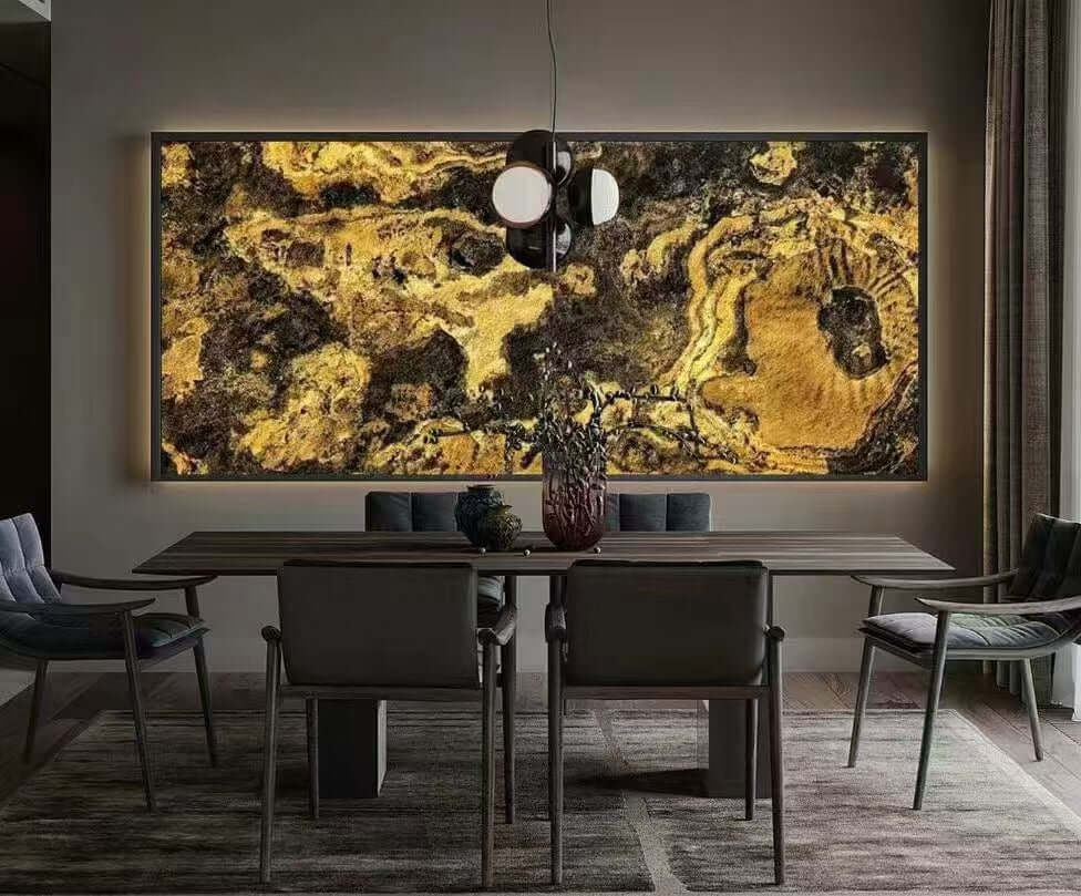 Horizontal wall art panel with gold and black marbled stone texture