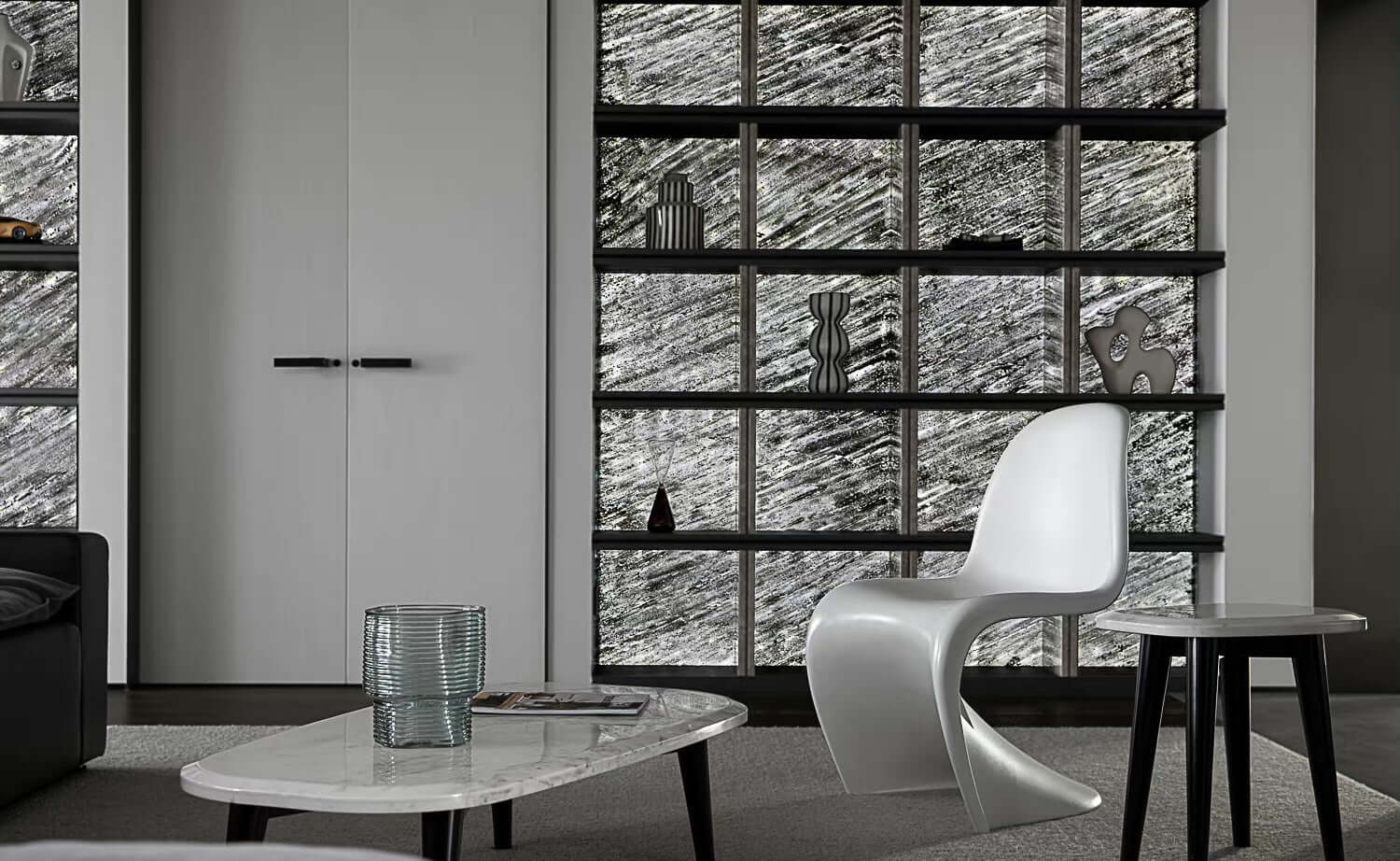 Gray textured stone wall panels in a window-grid pattern