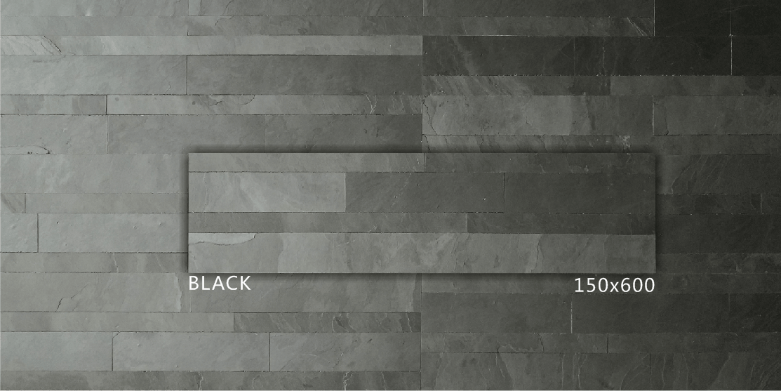 Black 3D peel-and-stick stone tile pattern, stacked rectangular blocks