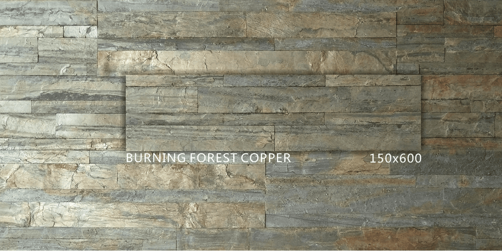 Peel-and-stick stone wall tile panel, staggered rectangular blocks in smoky gray with copper