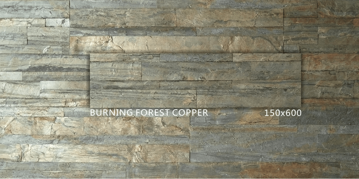 Peel-and-stick stone wall tile panel, staggered rectangular blocks in smoky gray with copper