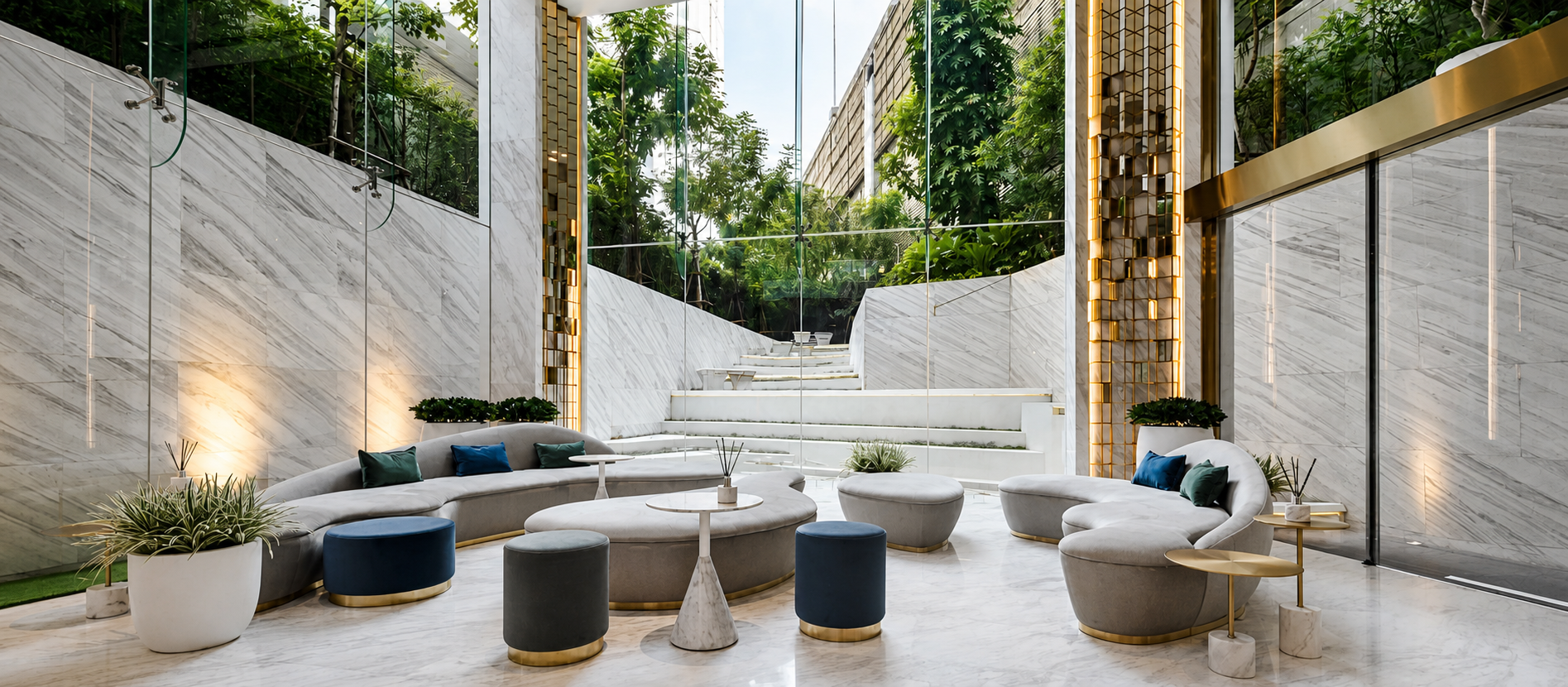 CRATE Apartment Bangkok interior lounge featuring Nalexible Arctic Storm ultra-thin natural stone veneer on walls and surfaces, creating a calm modern space with natural stone texture.
