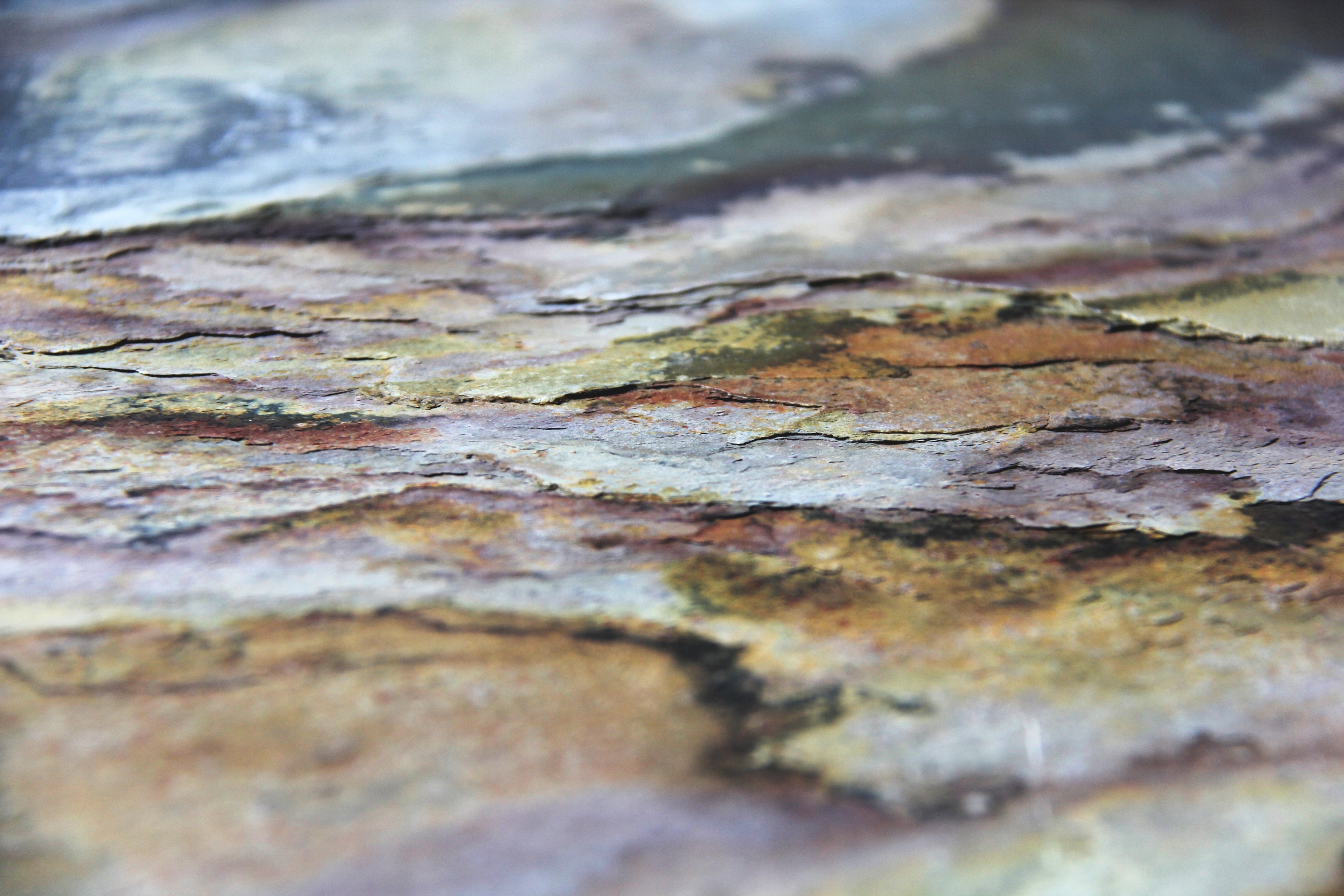 A close-up texture shot of a rustic stone or concrete surface with layered patterns in earthy tones of brown, beige, gray, and muted green.
