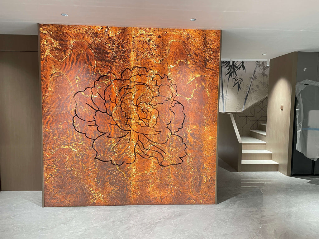Terra red natural stone panel with textured swirl pattern etched outline