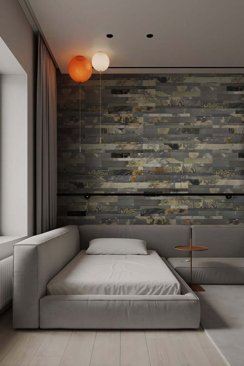 Gray and beige stone peel-and-stick wall tile, horizontal stacked-stone design