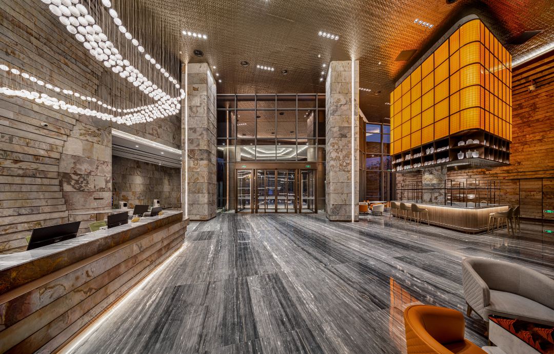 PLATLMOR Intercontinental Hotel lobby in Hangzhou featuring Sanjayani White ultra-thin natural stone veneer on interior wall surfaces