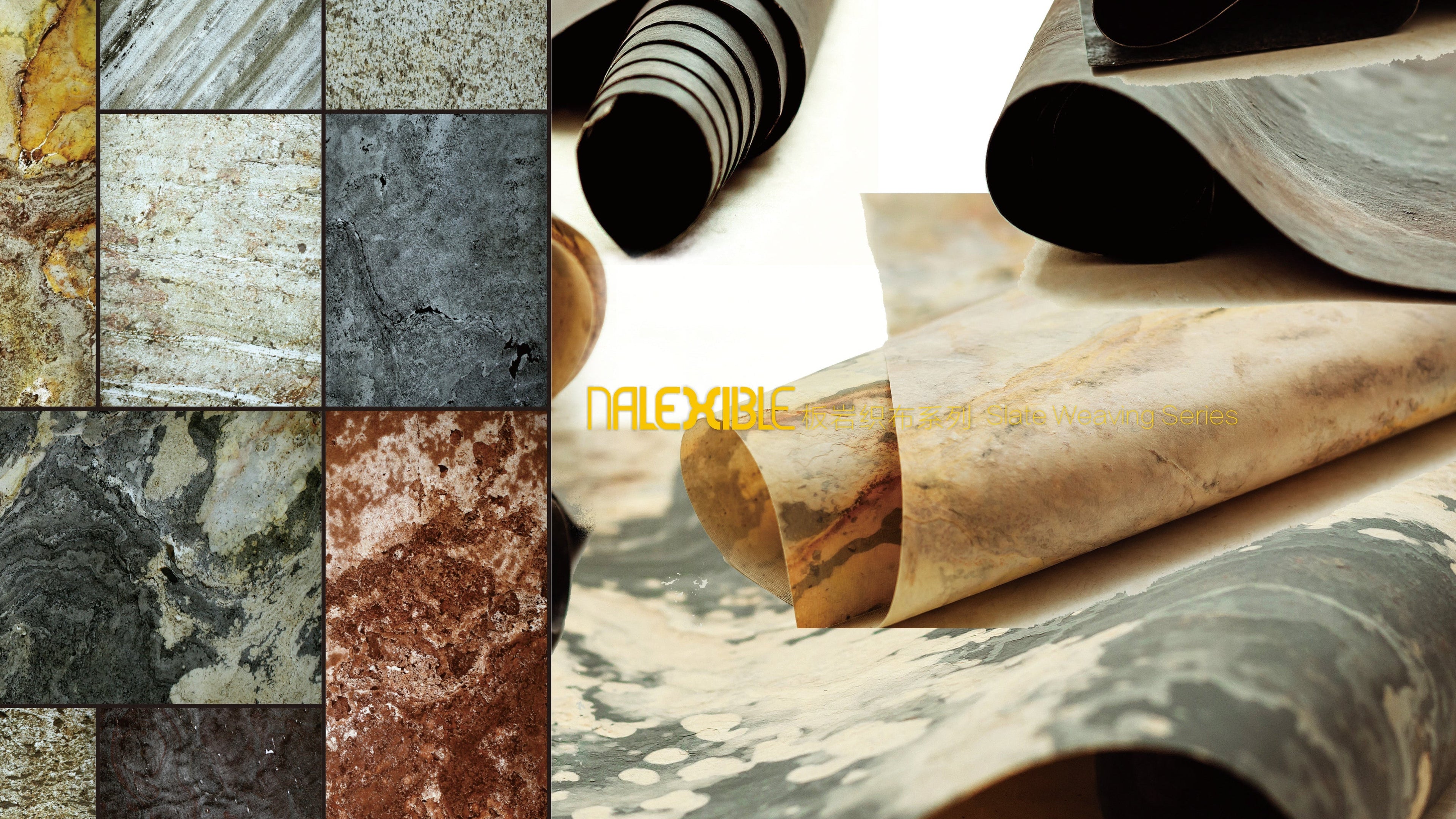 Nalexible ultra-thin flexible natural stone veneer sheets showing a range of real stone colours, textures and bendable sheet formats.
